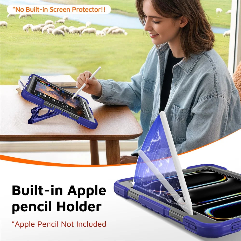 For iPad Pro 11 (2024) / Pro 11 (2025) Case Shockproof PC + TPU + Silicone Protective Cover with Shoulder Strap / Pen Holder - Navy Blue+Black - 3