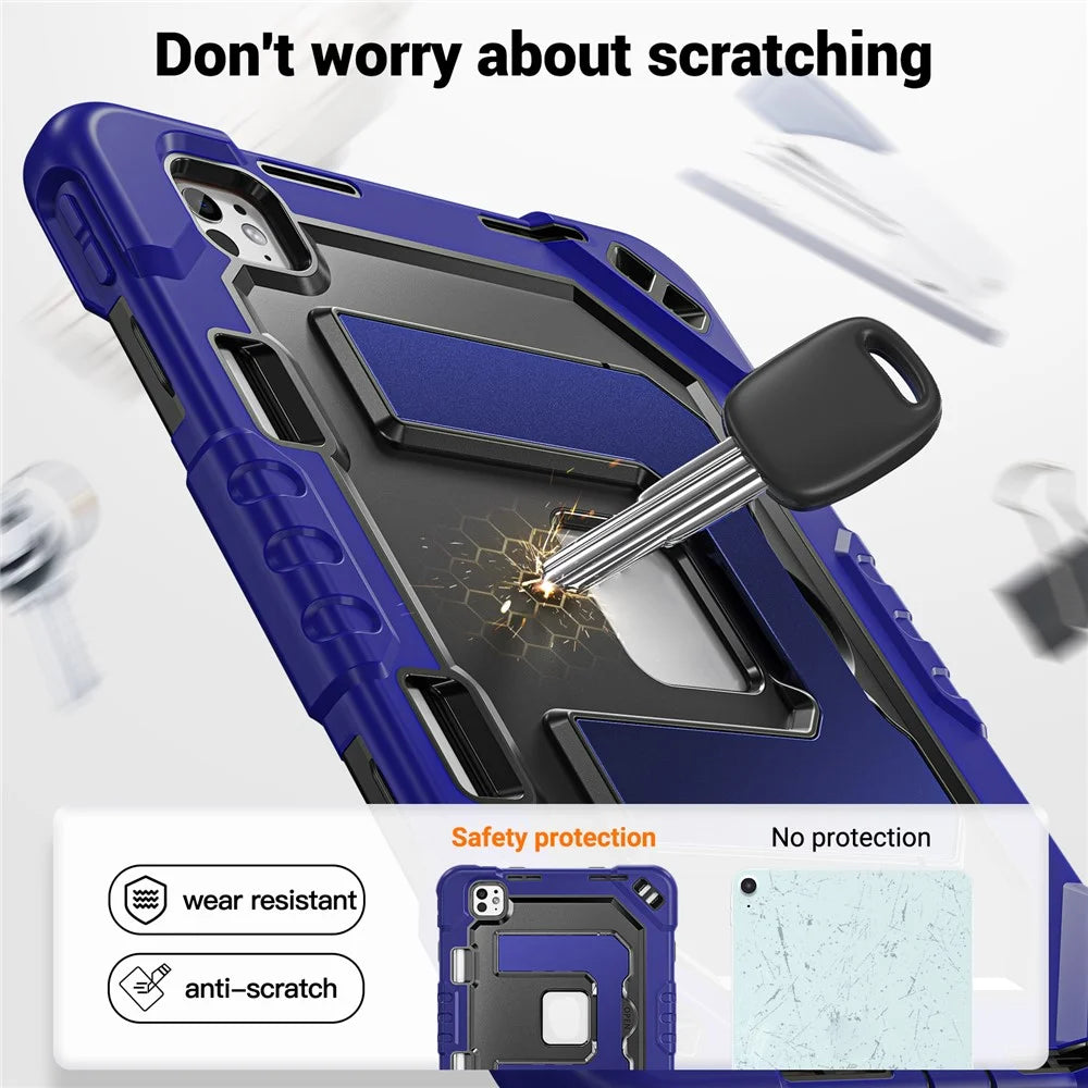 For iPad Pro 11 (2024) / Pro 11 (2025) Case Shockproof PC + TPU + Silicone Protective Cover with Shoulder Strap / Pen Holder - Navy Blue+Black - 4