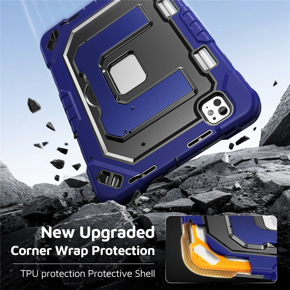 For iPad Pro 11 (2024) / Pro 11 (2025) Case Shockproof PC + TPU + Silicone Protective Cover with Shoulder Strap / Pen Holder - Navy Blue+Black - 5
