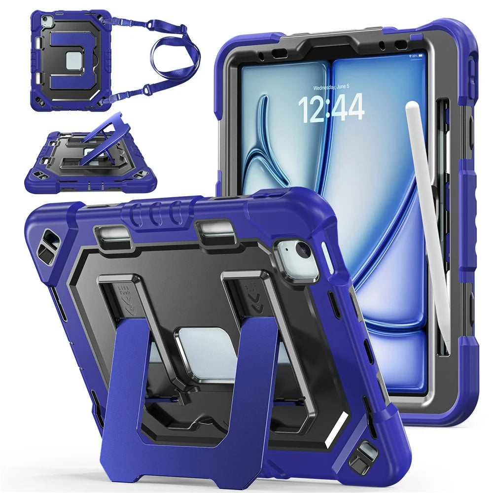 For iPad Air 11 (2026) / (2025) / (2024) / iPad Pro 11 (2022) / (2021) / (2020) / (2018) / Air (2022) / (2020) Case Shockproof PC + TPU + Silicone Protective Cover with Shoulder Strap / Pen Holder - Navy Blue+Black - 1