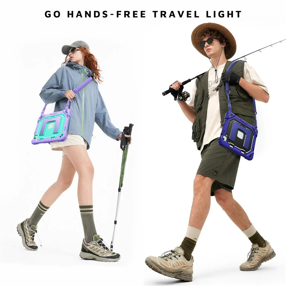 For iPad Air 11 (2026) / (2025) / (2024) / iPad Pro 11 (2022) / (2021) / (2020) / (2018) / Air (2022) / (2020) Case Shockproof PC + TPU + Silicone Protective Cover with Shoulder Strap / Pen Holder - Navy Blue+Black - 2