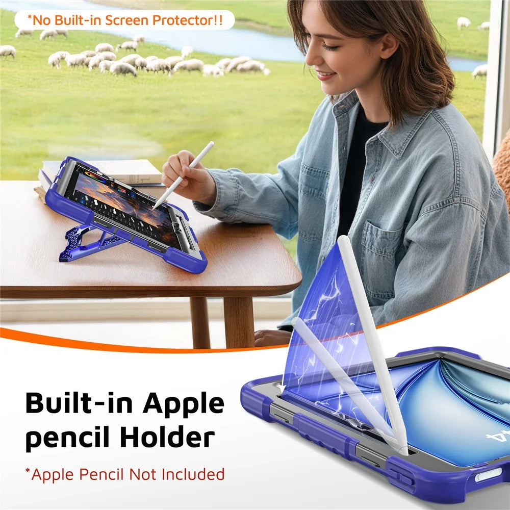 For iPad Air 11 (2026) / (2025) / (2024) / iPad Pro 11 (2022) / (2021) / (2020) / (2018) / Air (2022) / (2020) Case Shockproof PC + TPU + Silicone Protective Cover with Shoulder Strap / Pen Holder - Navy Blue+Black - 3