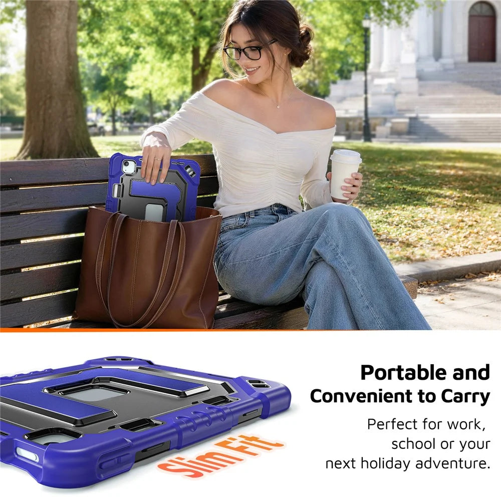 For iPad Air 11 (2026) / (2025) / (2024) / iPad Pro 11 (2022) / (2021) / (2020) / (2018) / Air (2022) / (2020) Case Shockproof PC + TPU + Silicone Protective Cover with Shoulder Strap / Pen Holder - Navy Blue+Black - 7