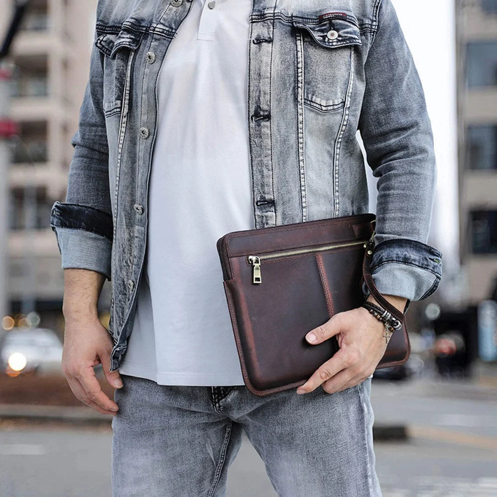 For MacBook Air 13 inch (2022) A2681 Carrying Pouch Cowhide Leather Zipper Storage Bag - Brown - 3