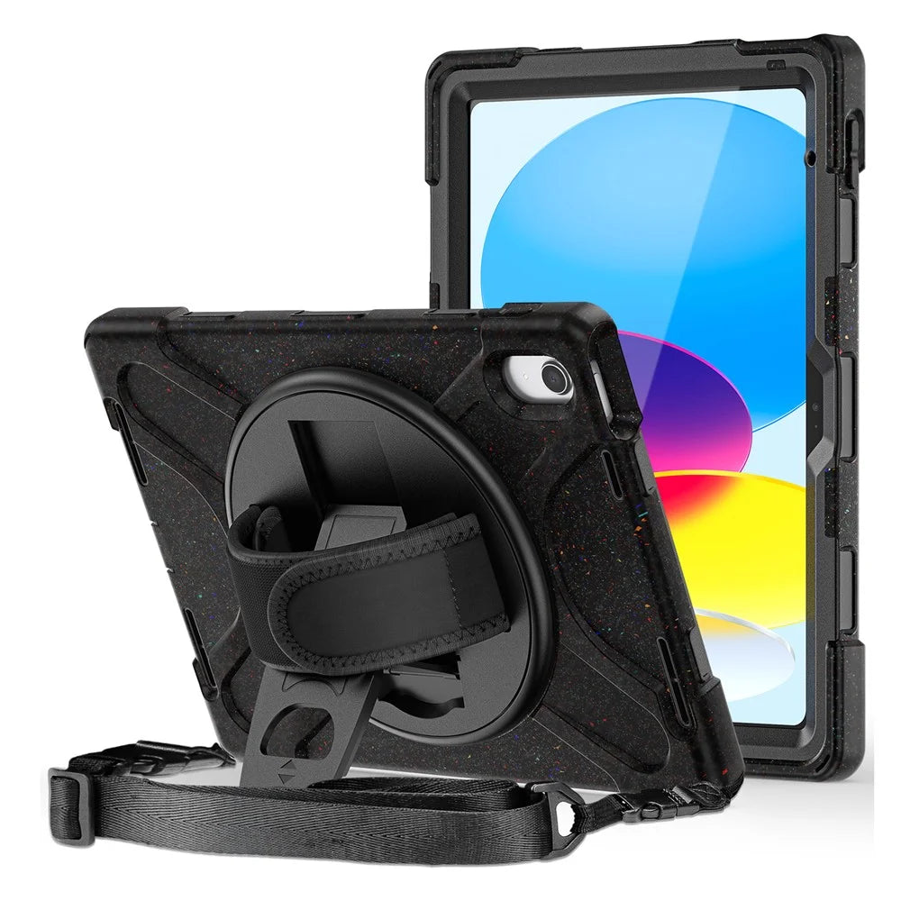 For iPad (2025) / 10.9 (2022) Case PC + Silicone Protective Cover with Hand Strap / Shoulder Strap - Dark Black - 6