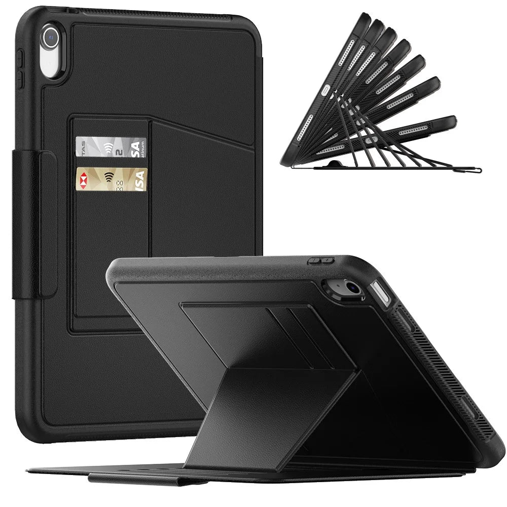 For iPad (2025) / 10.9 (2022) PU Leather Tablet Case Kickstand Card Holder Magnetic Cover with Smart Auto Sleep / Wake - Black - 1