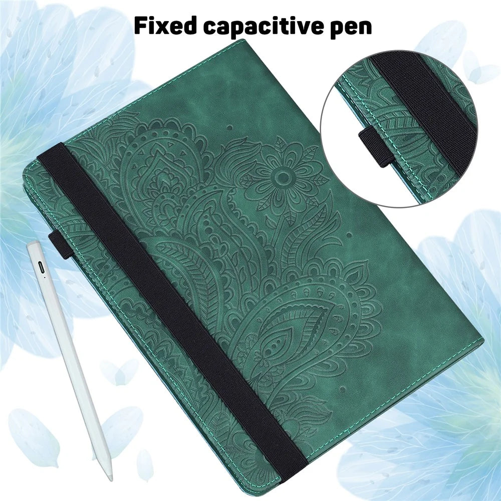For Amazon Fire Max 11 PU Leather Tablet Case Card Holder Pattern Imprinted Stand Protective Cover - Green - 7