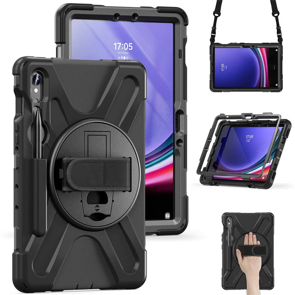 For Samsung Galaxy Tab S10 Lite / S10 FE / S9 FE / S9 X710 / S8 X700 / S7 T870 PC+Silicone Tablet Case Kickstand Cover with Straps - Black - 3