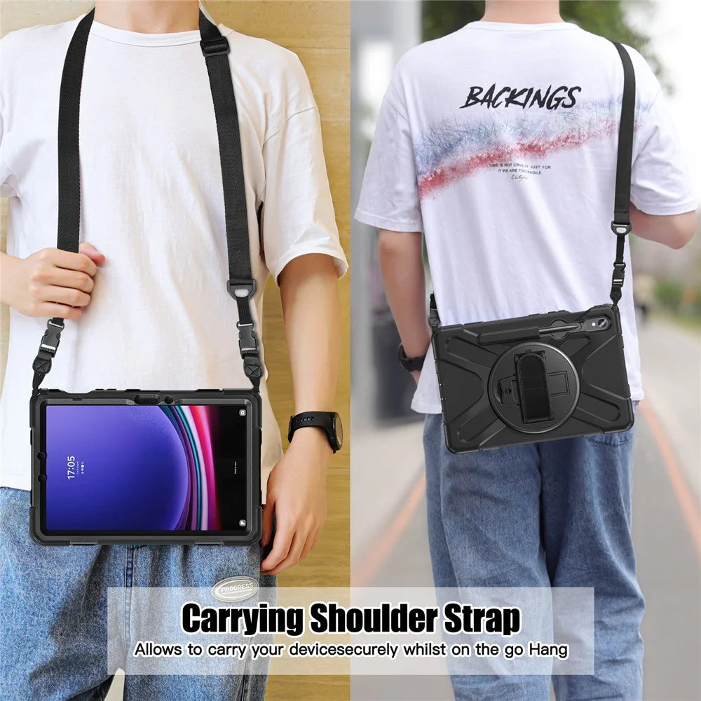 For Samsung Galaxy Tab S10 Lite / S10 FE / S9 FE / S9 X710 / S8 X700 / S7 T870 PC+Silicone Tablet Case Kickstand Cover with Straps - Black - 5