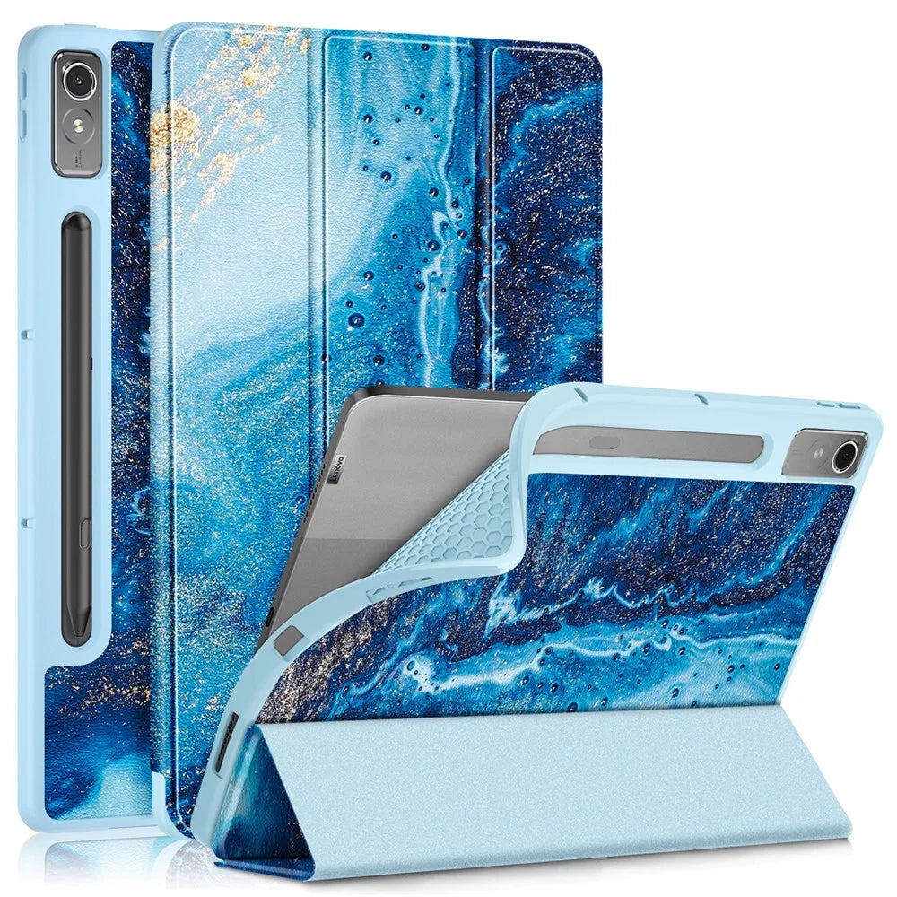 For Lenovo Lenovo Tab P12 TB371FC Pattern Printing Tri-fold Stand Tablet Cover PU Leather +TPU Tablet Case - Sea Wave - 1