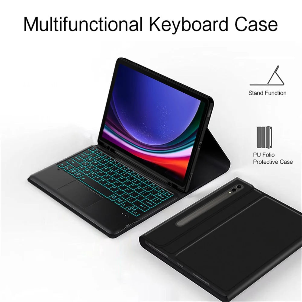 For Samsung Galaxy Tab S10+ / S9+ / S8+ / S7+ / S7 FE Backlight Touchpad Bluetooth-Compatible Keyboard with Pen Slot Leather Tablet Case - 3