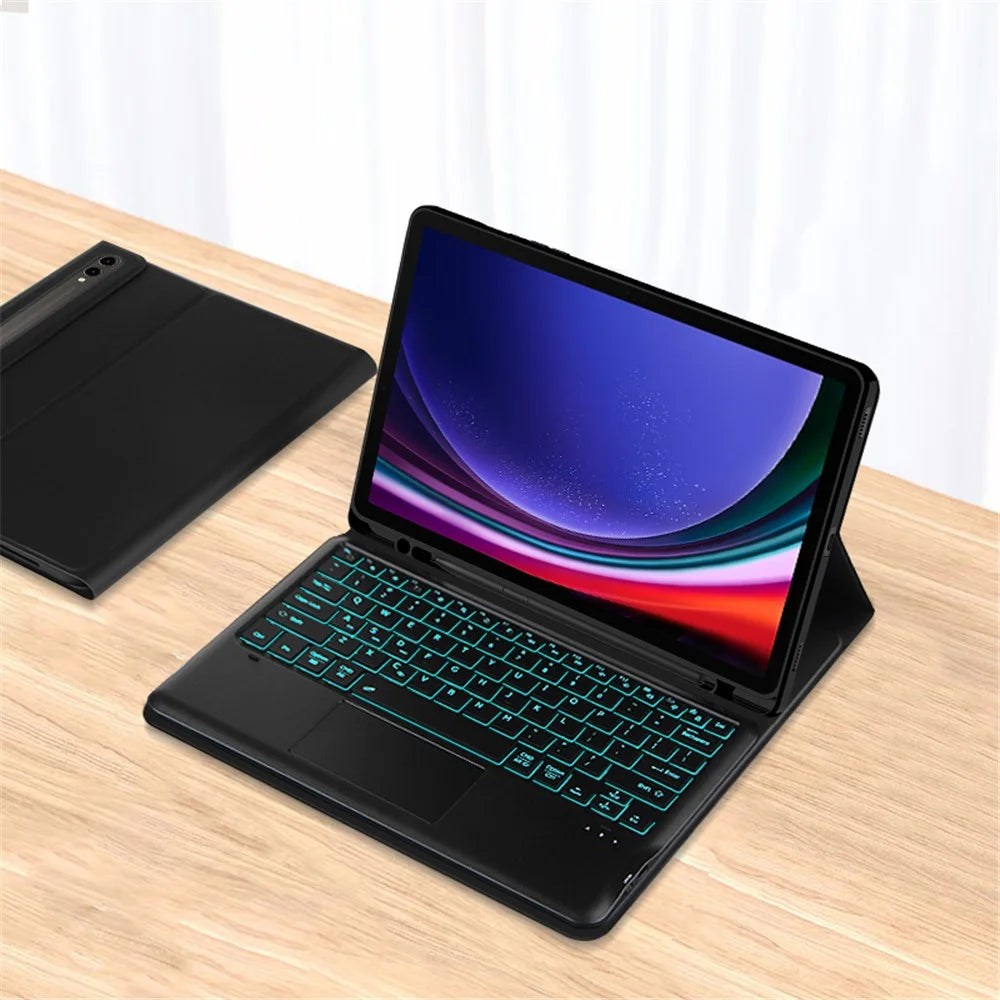 For Samsung Galaxy Tab S10+ / S9+ / S8+ / S7+ / S7 FE Backlight Touchpad Bluetooth-Compatible Keyboard with Pen Slot Leather Tablet Case - 7