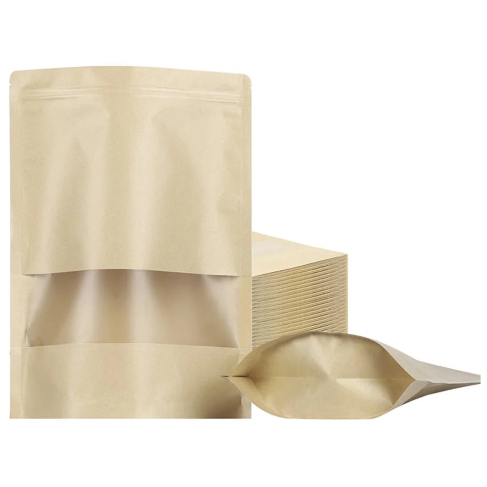MX-001 100Pcs 18x26cm+4cm 28C Kraft Paper Zipper Pouch Bags with Clear Window Food Bags (BPA-free, No FDA Certification) - 2