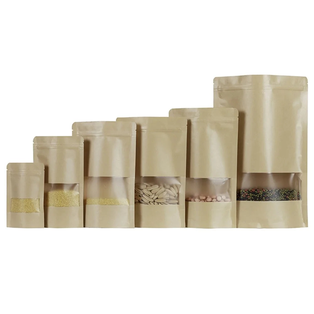 MX-001 100Pcs 18x26cm+4cm 28C Kraft Paper Zipper Pouch Bags with Clear Window Food Bags (BPA-free, No FDA Certification) - 6