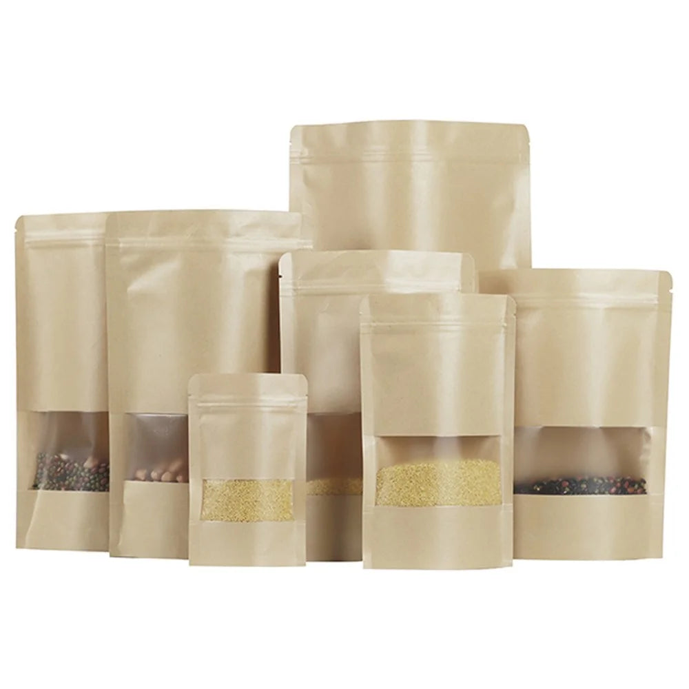 MX-001 100Pcs 18x26cm+4cm 28C Kraft Paper Zipper Pouch Bags with Clear Window Food Bags (BPA-free, No FDA Certification) - 7