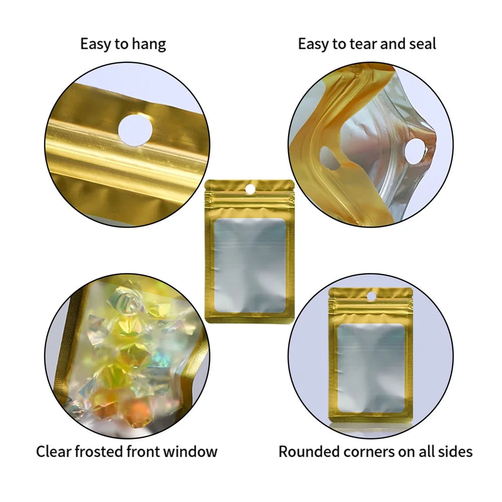MX-109 100Pcs 6x10cm 14C Holographic Bags Clear Matte Window Packing Pouch Bags with Tear Notch - Gold - 2