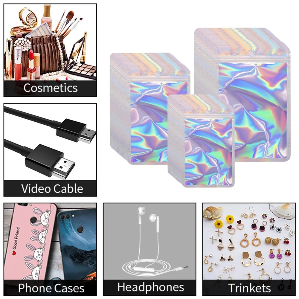 MX-109 100Pcs 6x10cm 14C Holographic Bags Clear Matte Window Packing Pouch Bags with Tear Notch - Gold - 4