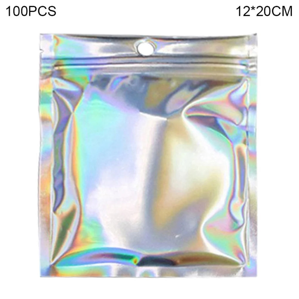 MX-101 100Pcs 12x20cm 14C Self-Sealing Bag Laser Film PET+CPP Sundries Snack Pouches (No FDA, BPA-Free) - 1