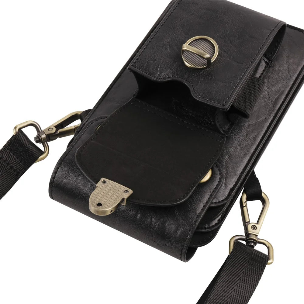 6.7 inch Crossbody Bag Vertical Phone Waist Bag Leather Belt Bag with Shoulder Strap - Black - 7