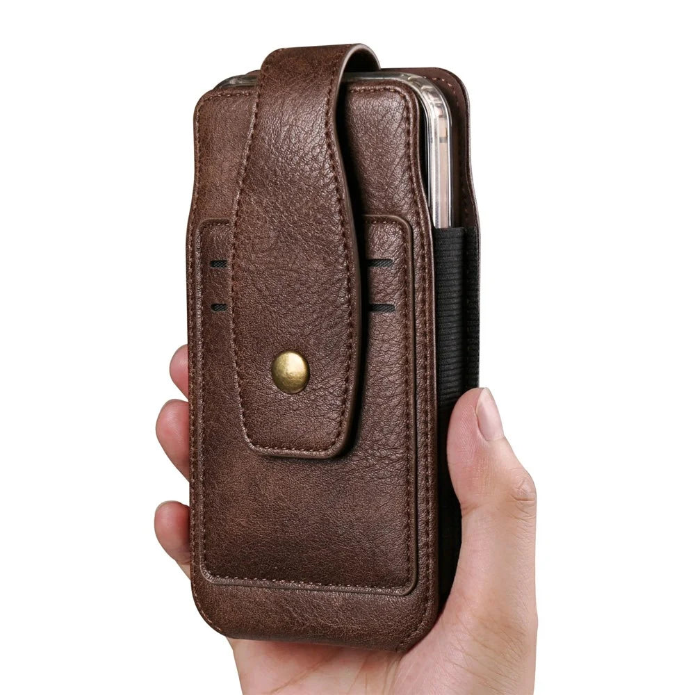 For 6.1 - 6.3 Inch Phone Pouch Vertical Card Holder PU Leather Elastic Side Bands Waist Case - Coffee - 6