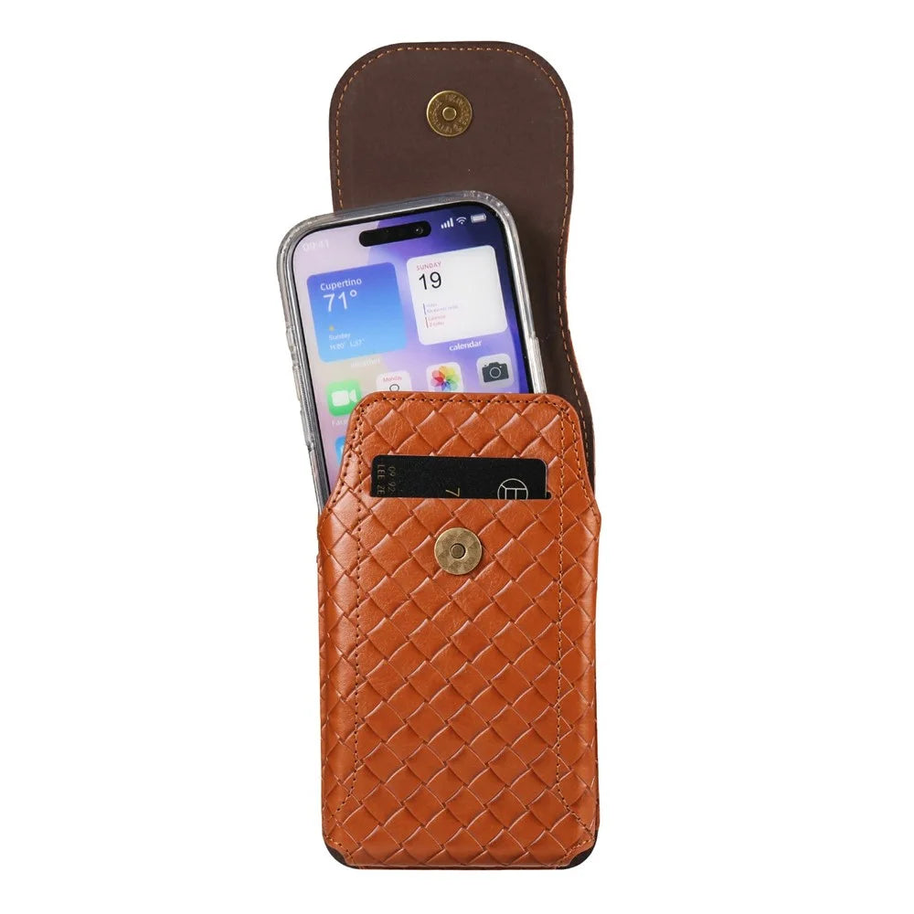 Universal PU Leather Waist Bag For 6.7-6.9 inches Phone Woven Pattern Vertical Phone Pouch with Card Holder - Light Brown - 3