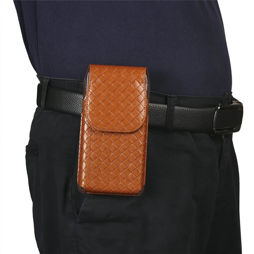 Universal PU Leather Waist Bag For 6.7-6.9 inches Phone Woven Pattern Vertical Phone Pouch with Card Holder - Light Brown - 6