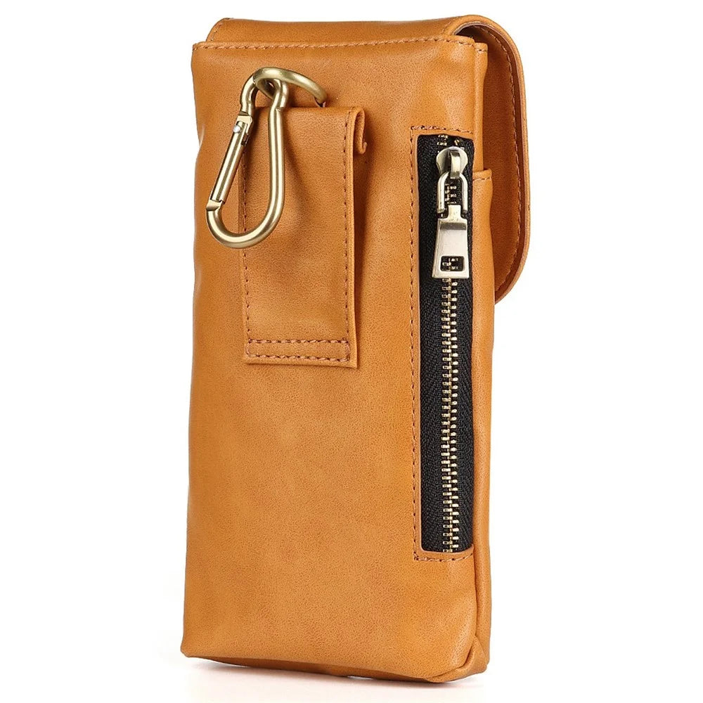 Vintage Cowhide Leather Waist Bag Cellphone Loop Holster Men Belt Bag Two Phones Zipper Pouch - Brown - 2