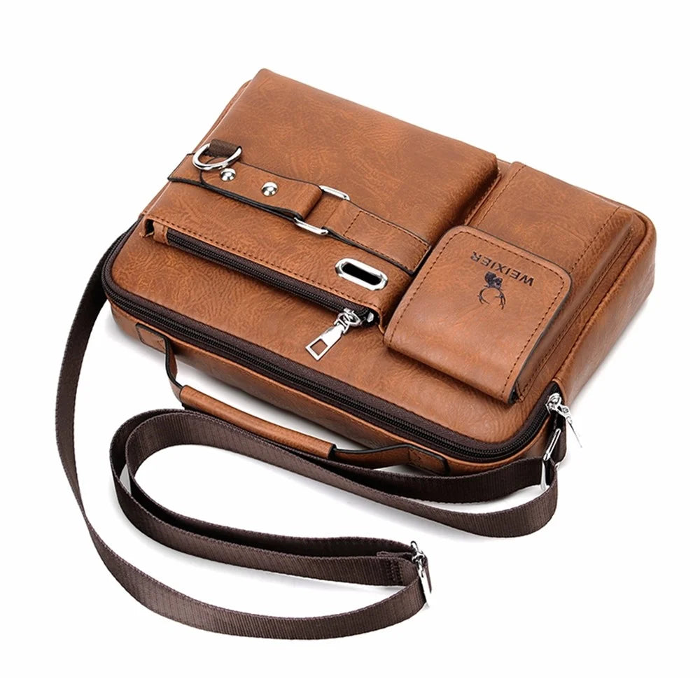 WEIXIER D234 PU Leather Men's Messenger Bag Shoulder Bag Satchel Briefcase with Earphone Hole - Light Brown - 3