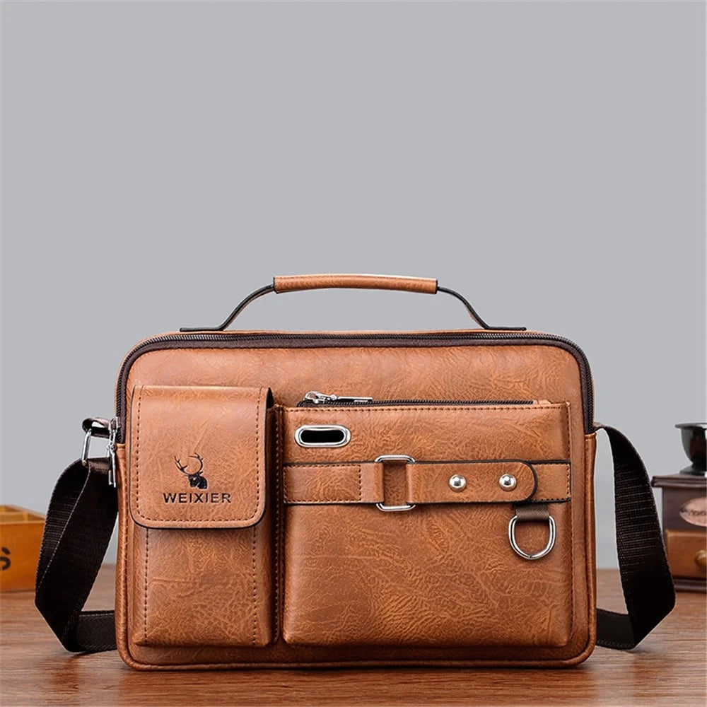 WEIXIER D234 PU Leather Men's Messenger Bag Shoulder Bag Satchel Briefcase with Earphone Hole - Light Brown - 4