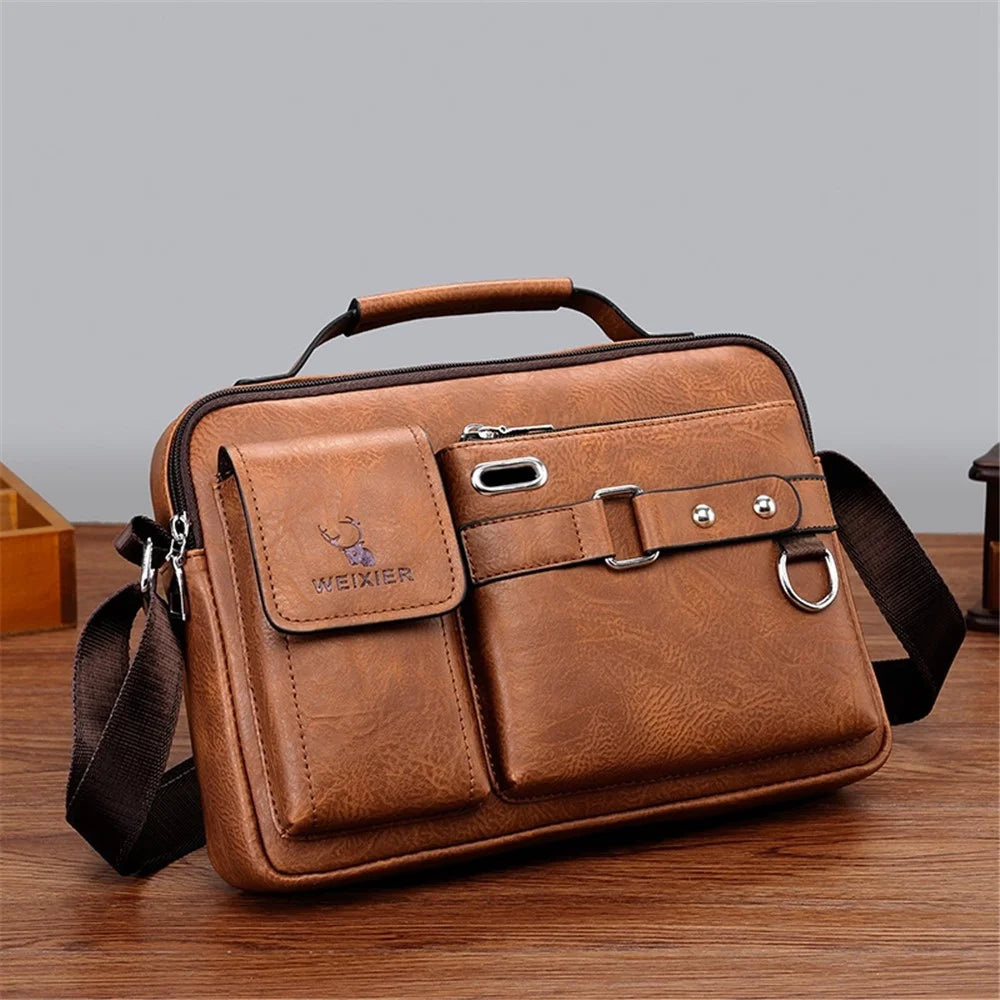 WEIXIER D234 PU Leather Men's Messenger Bag Shoulder Bag Satchel Briefcase with Earphone Hole - Light Brown - 5
