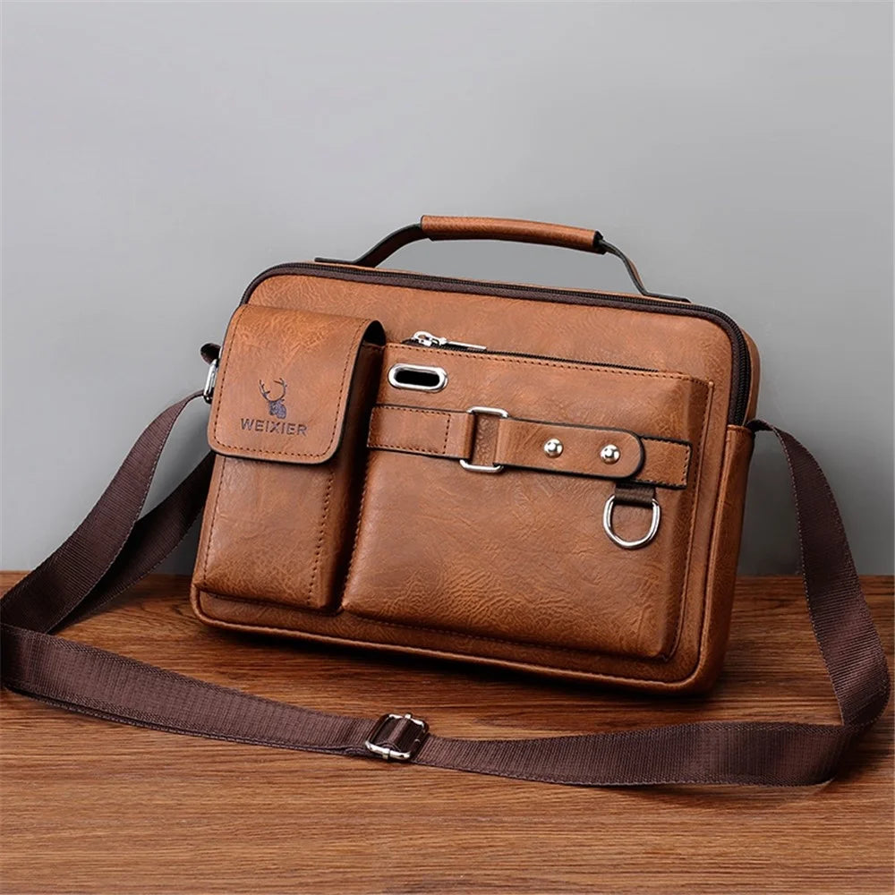 WEIXIER D234 PU Leather Men's Messenger Bag Shoulder Bag Satchel Briefcase with Earphone Hole - Light Brown - 6