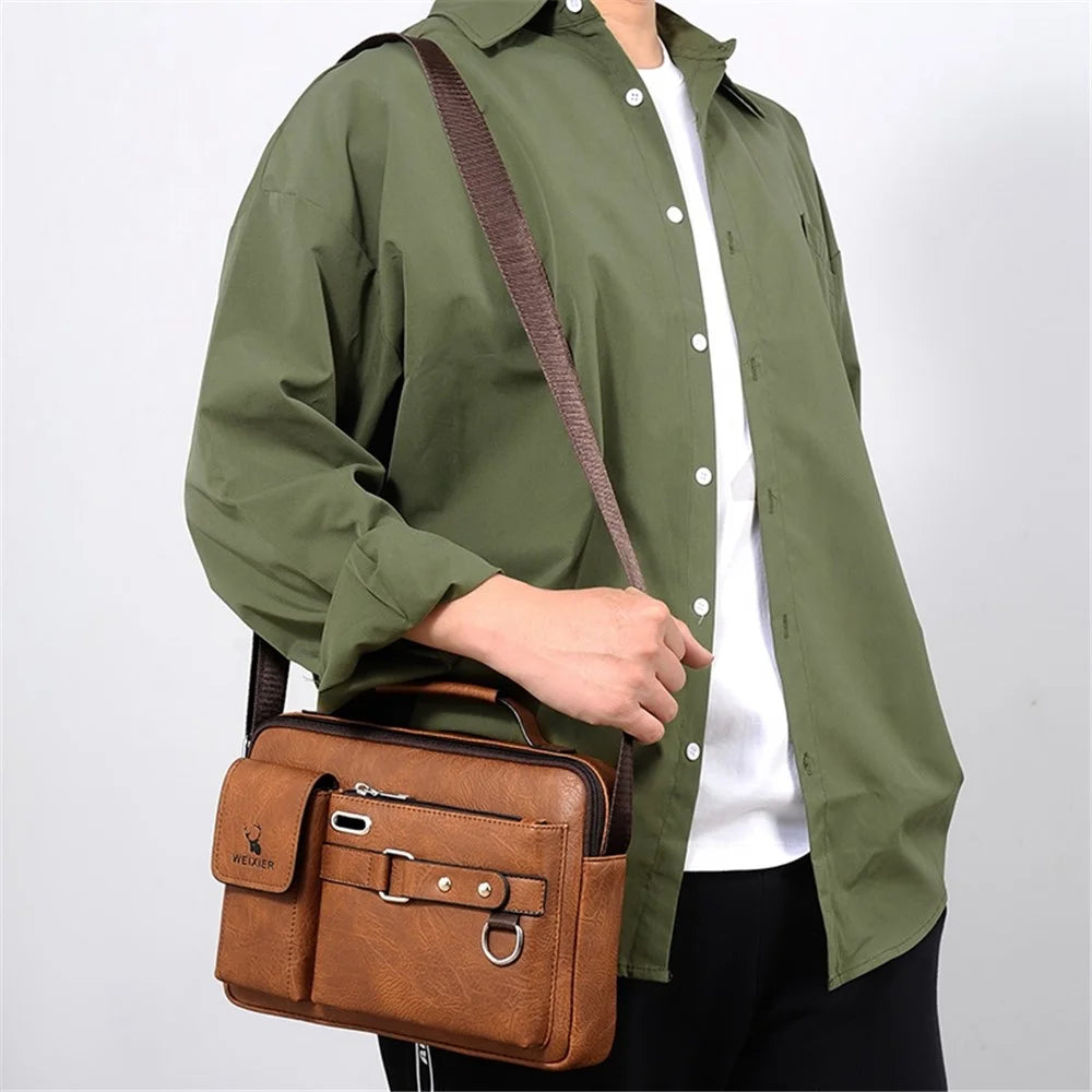 WEIXIER D234 PU Leather Men's Messenger Bag Shoulder Bag Satchel Briefcase with Earphone Hole - Light Brown - 7