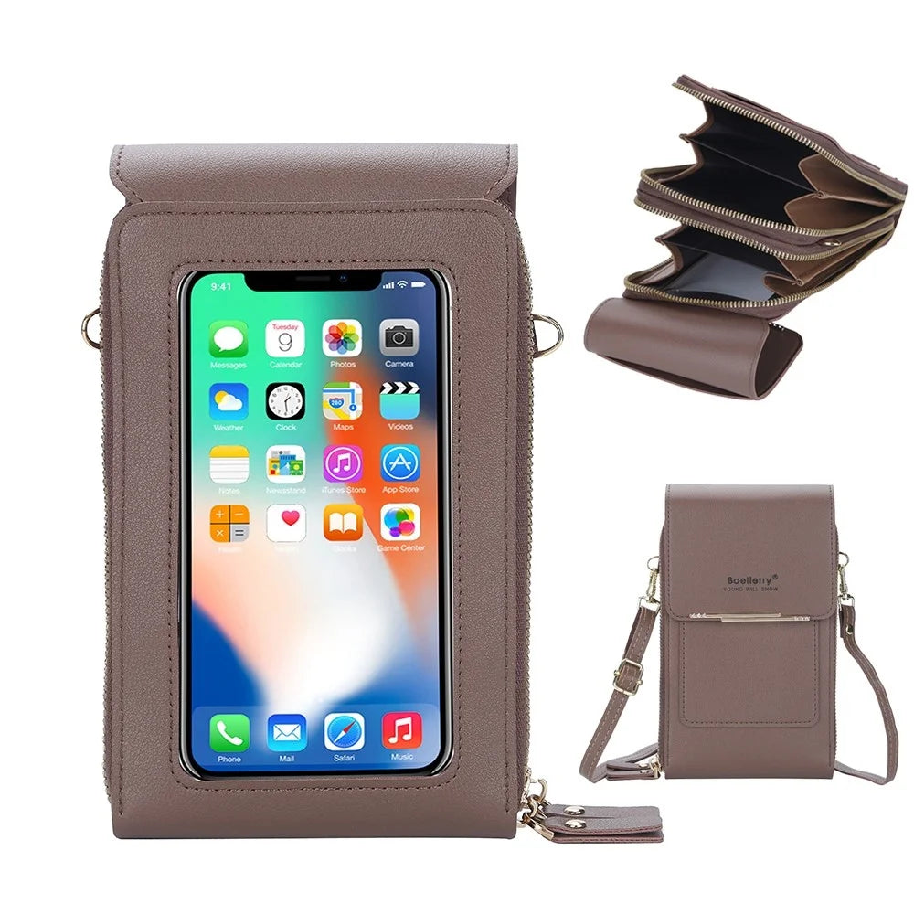BAELLERRY N2371 PU Leather Snap Button Dual Layer Zipper Pocket Phone Touch Screen Pouch Women Crossbody Bag - Coffee - 1
