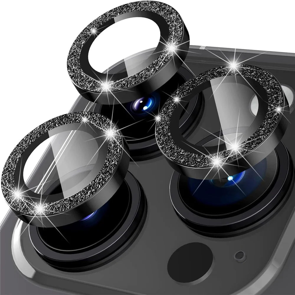 For iPhone 16 Pro / 16 Pro Max Glitter Camera Lens Film Metal Ring+Tempered Glass Phone Lens Protector - Black - 1