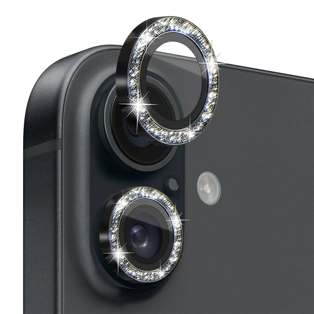 NORTHJO 1 Set For iPhone 16 / 16 Plus Camera Lens Film Tempered Glass+Metal Glitter Rear Lens Protector - Black - 1