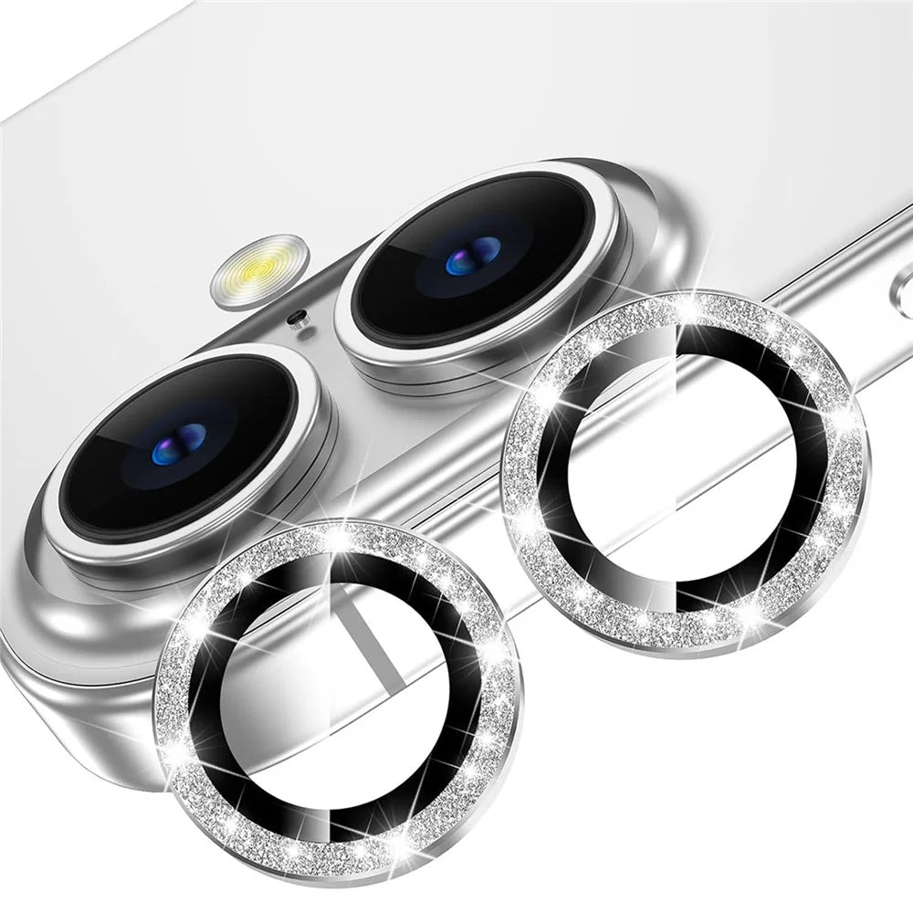 For iPhone 16 / 16 Plus Glitter Camera Lens Film Metal Ring+Tempered Glass Phone Lens Protector - Silver - 1