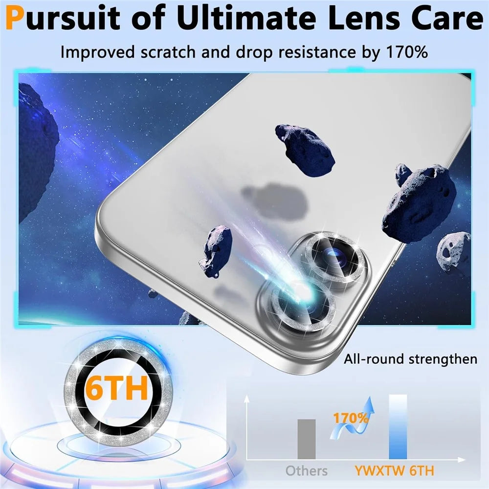 For iPhone 16 / 16 Plus Glitter Camera Lens Film Metal Ring+Tempered Glass Phone Lens Protector - Silver - 2