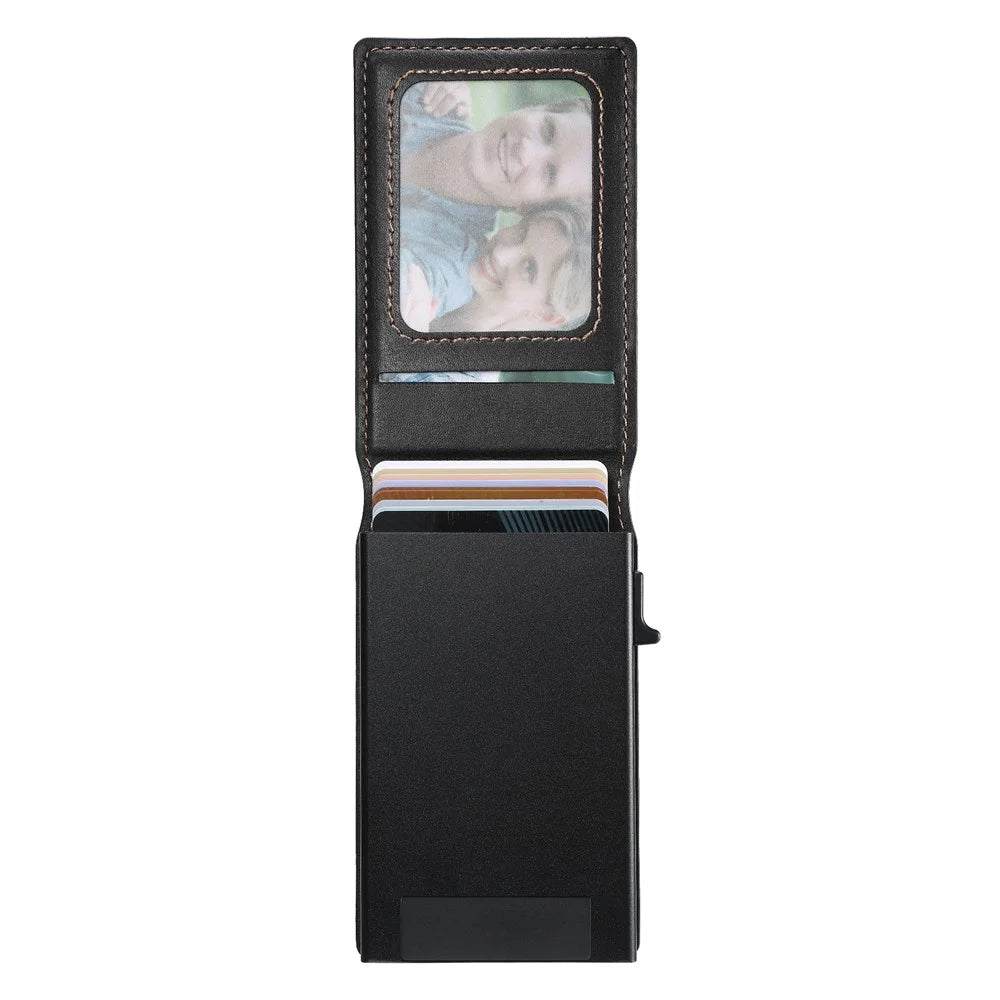 SUTENI Magnetic Card Holder Large Capacity Waxed Texture Leather 8 Card Slots Case - Black - 2
