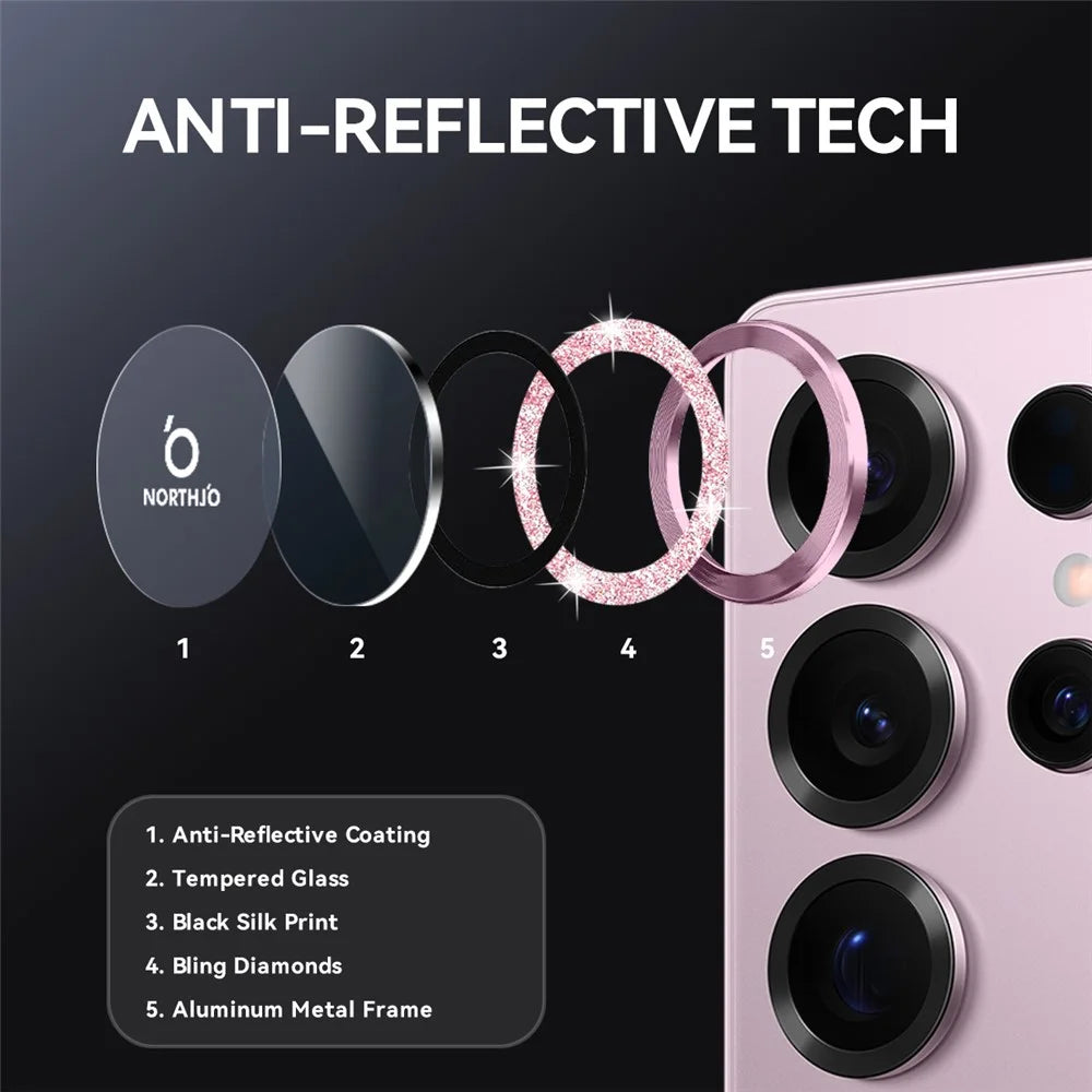 NORTHJO 1 Set For Samsung Galaxy S25 Ultra Camera Lens Film Tempered Glass+Metal Glitter Rear Lens Protector - Pink - 3