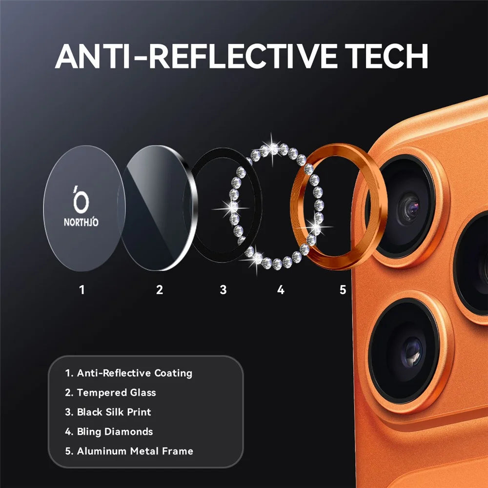 NORTHJO For iPhone 17 Pro / 17 Pro Max Camera Lens Protector Rhinestone Ring Tempered Glass Lens Film - Orange - 3