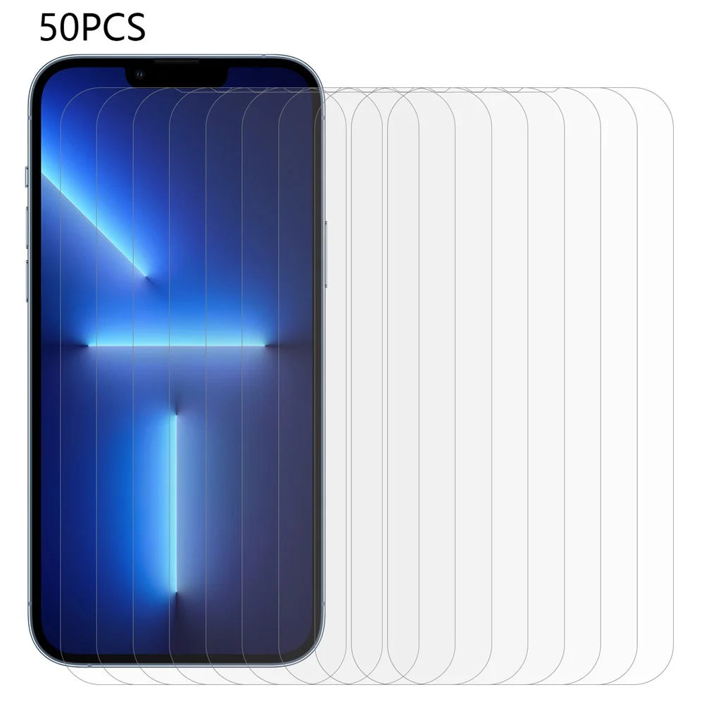 50Pcs For iPhone 13 Pro 6.1 inch / 13 6.1 inch / 14 Arc Edge Clear Tempered Glass Screen Protector HD Anti-Scratch Screen Film (No Package, with Wipes Set, Dust-absorber, Guide Sticker) - 1