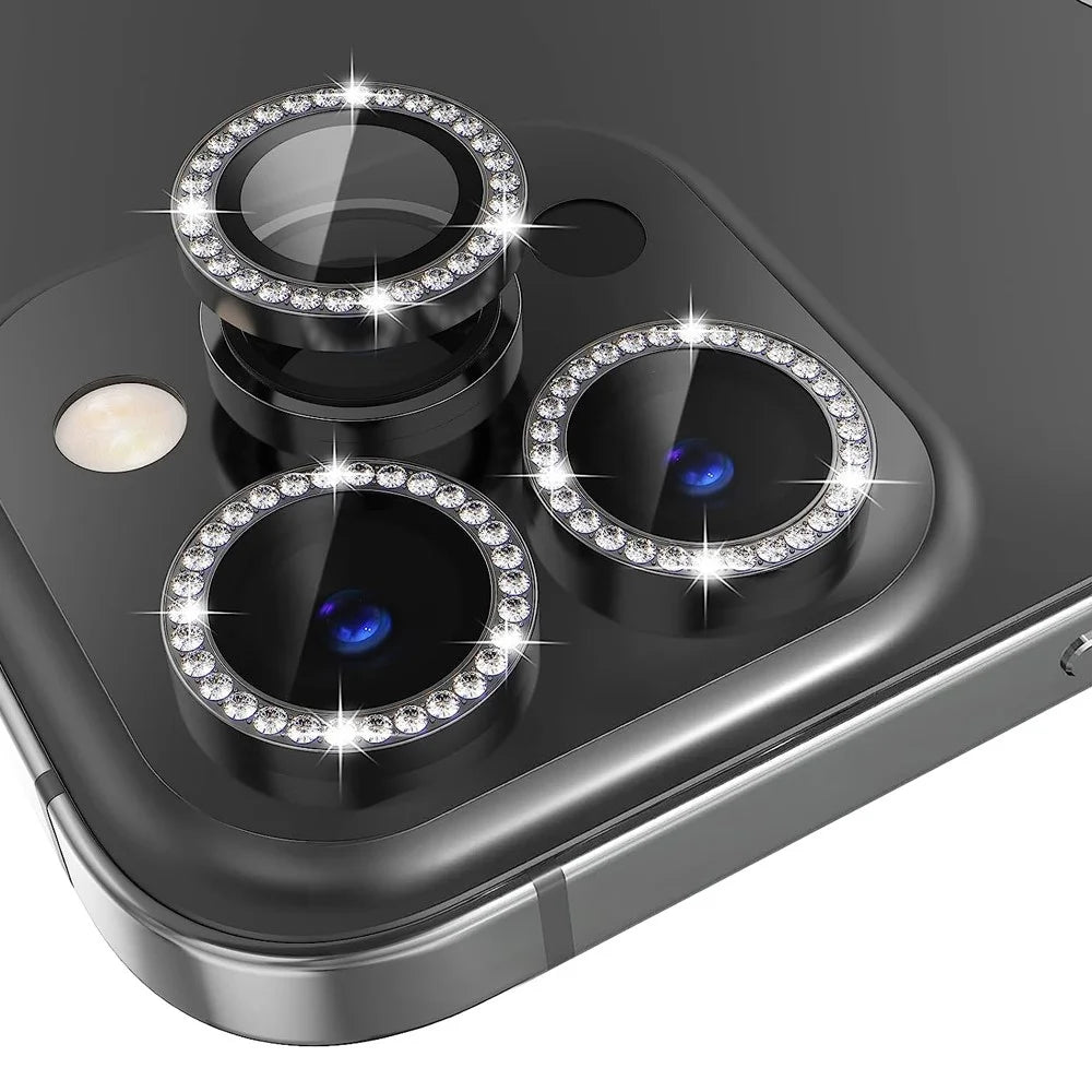 NORTHJO 1 Set For iPhone 14 Pro / 14 Pro Max Camera Lens Protector Tempered Glass + Metal Rhinestone Camera Ring Film - Black - 1