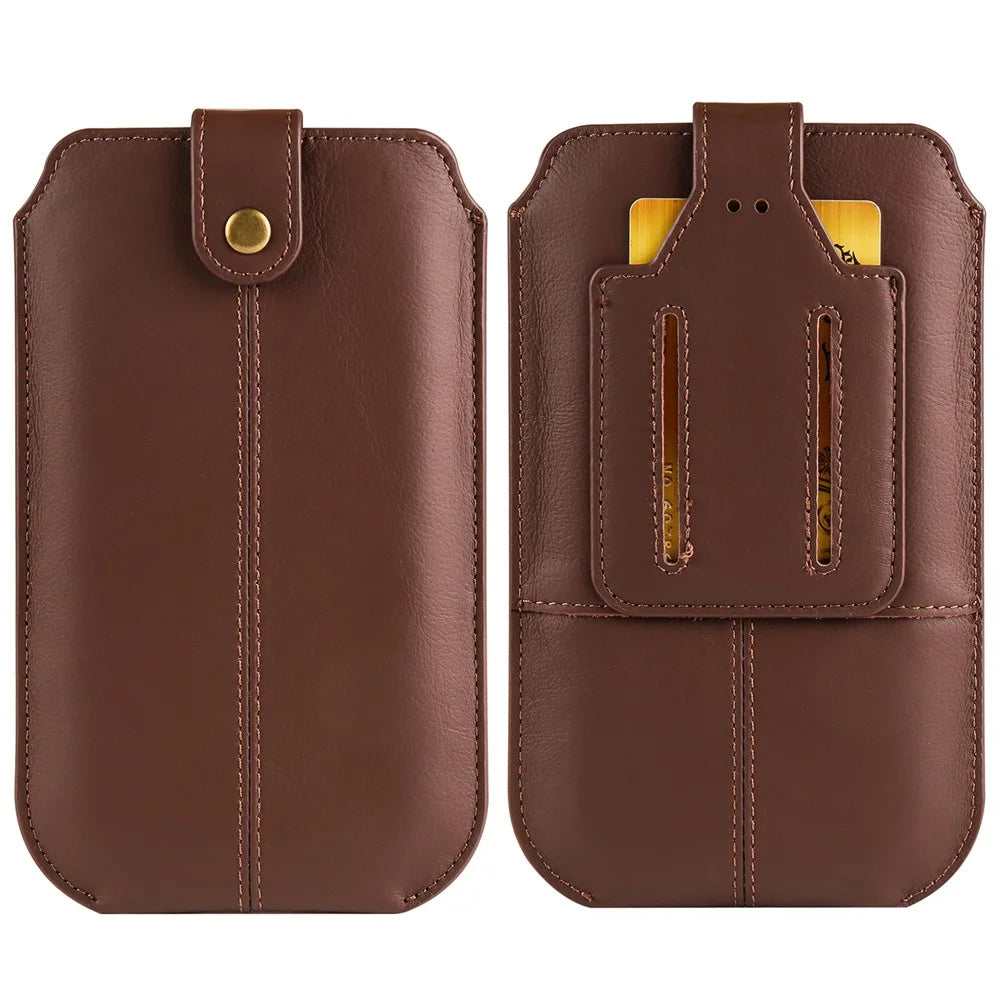 Genuine Cow Leather Belt Case for Universal 6.1-inch Phone Card Holder Cell Phone Holster Pouch with Belt Clip - Coffee - 1