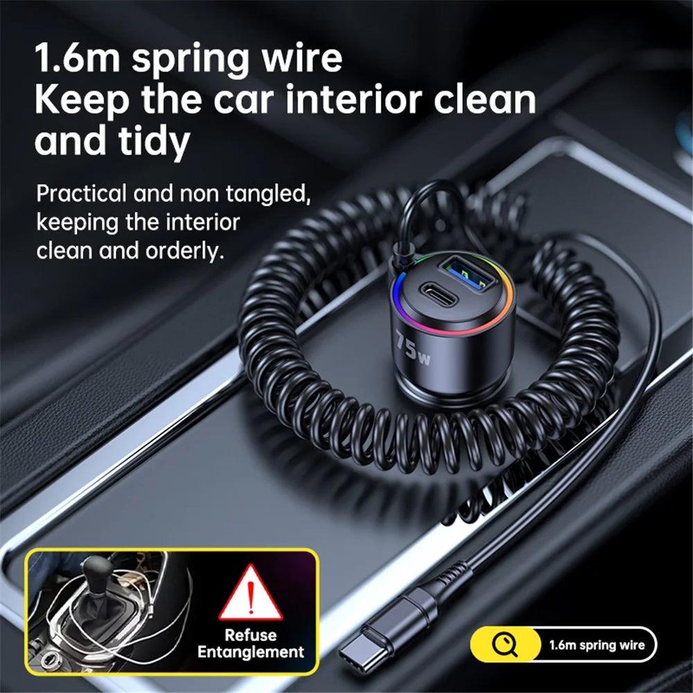 T26 45W+30W USB+Type-C Phone Fast Charging Adapter Car Charger with PD 30W Type-C Spring Cable (CE Certified) - 7