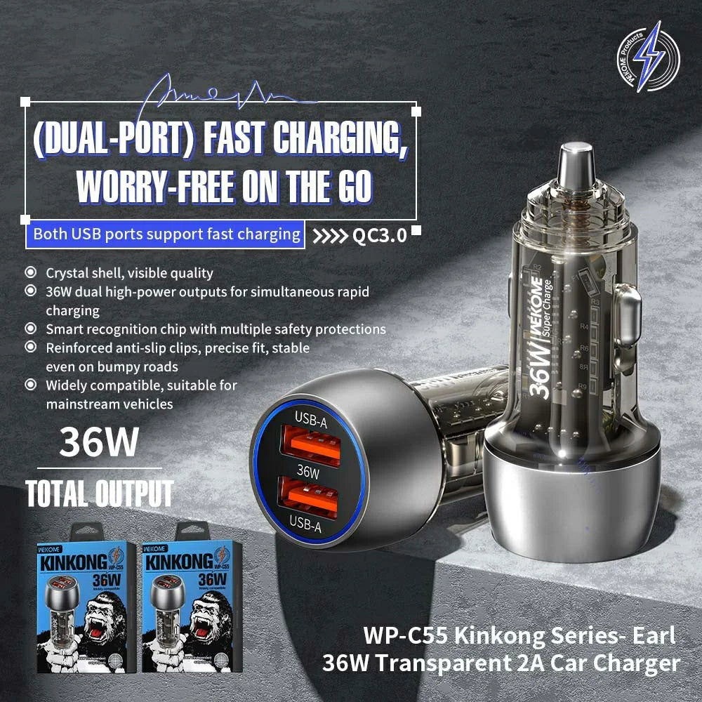 WEKOME WP-C55 Car Charger 36W Dual USB Fast Charging Aluminum Alloy Transparent Adapter - Silver - 2