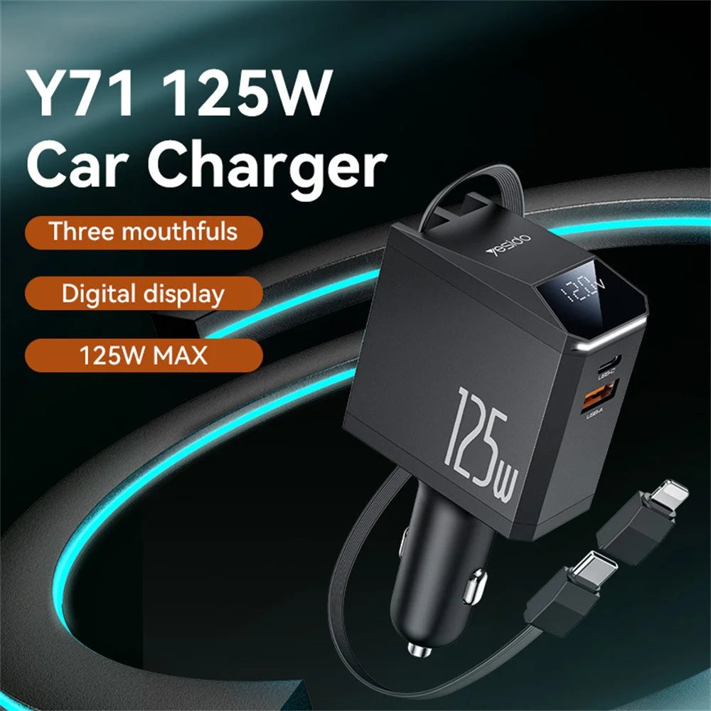 YESIDO Y71 125W Fast Charging USB A + Type C Car Charger with Retractable Cable and iP Adapter - 2