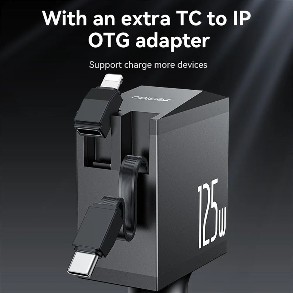 YESIDO Y71 125W Fast Charging USB A + Type C Car Charger with Retractable Cable and iP Adapter - 5