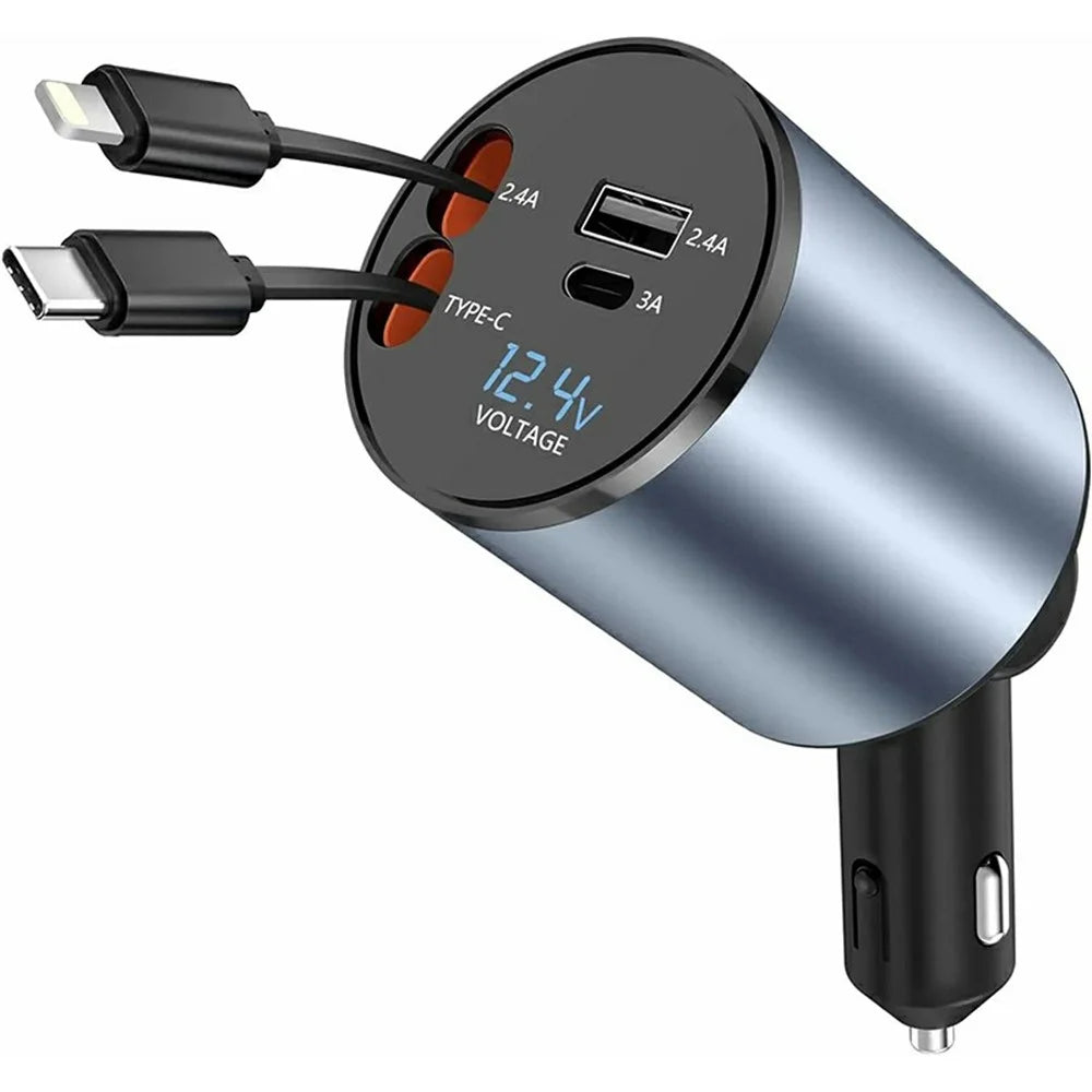 PT-19 Cigarette Lighter Car Charger 100W Fast Charging Adapter with iP / Type C Retractable Cables - 1