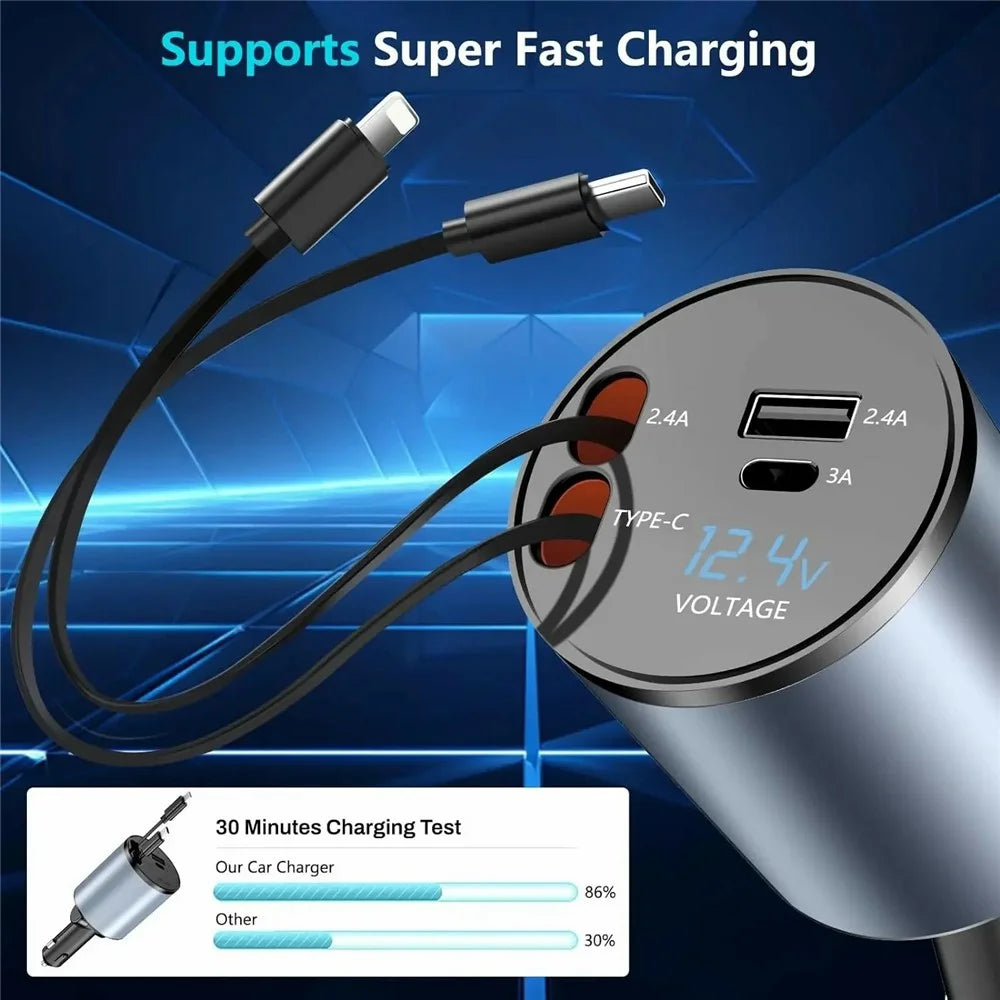 PT-19 Cigarette Lighter Car Charger 100W Fast Charging Adapter with iP / Type C Retractable Cables - 4