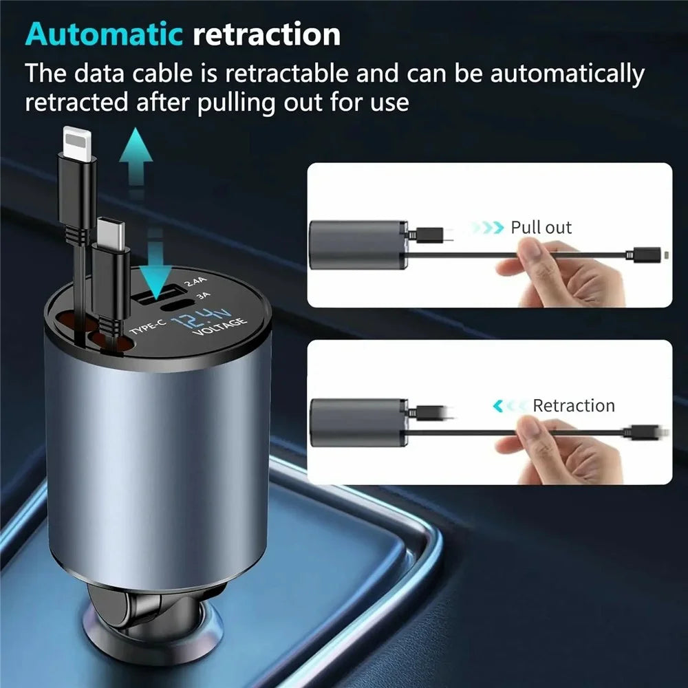 PT-19 Cigarette Lighter Car Charger 100W Fast Charging Adapter with iP / Type C Retractable Cables - 5